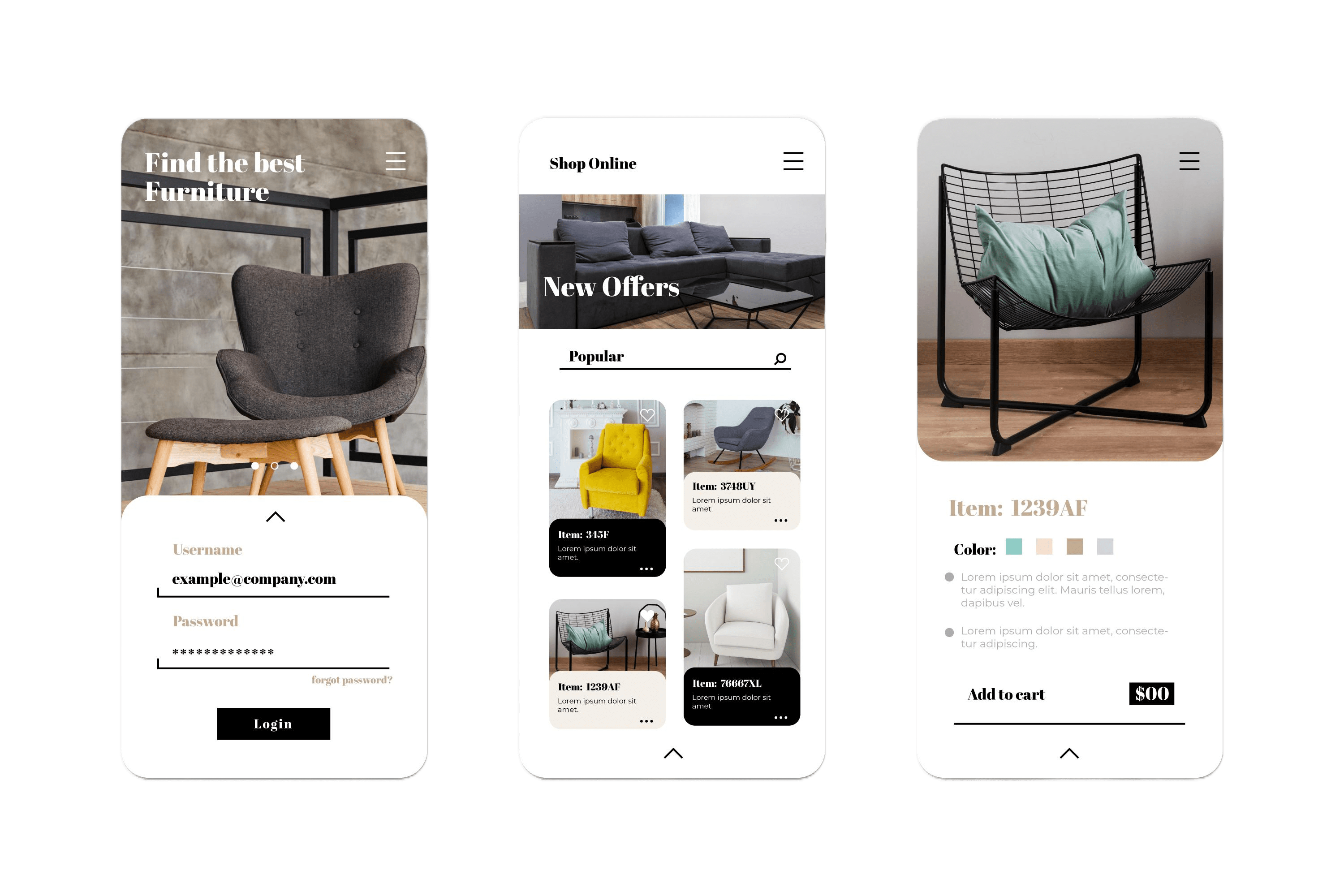 Furniture shop mobile app mock up